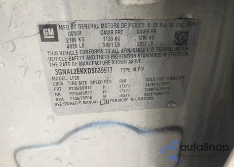 2013 Chevrolet Captiva Sport 2Ls z USA, uszkodzony, nr VIN 3GNAL2EKXDS639977